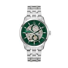 Gents Stainless Steel Bulova Sutton Green Skeleton 40mm Automatic Watch