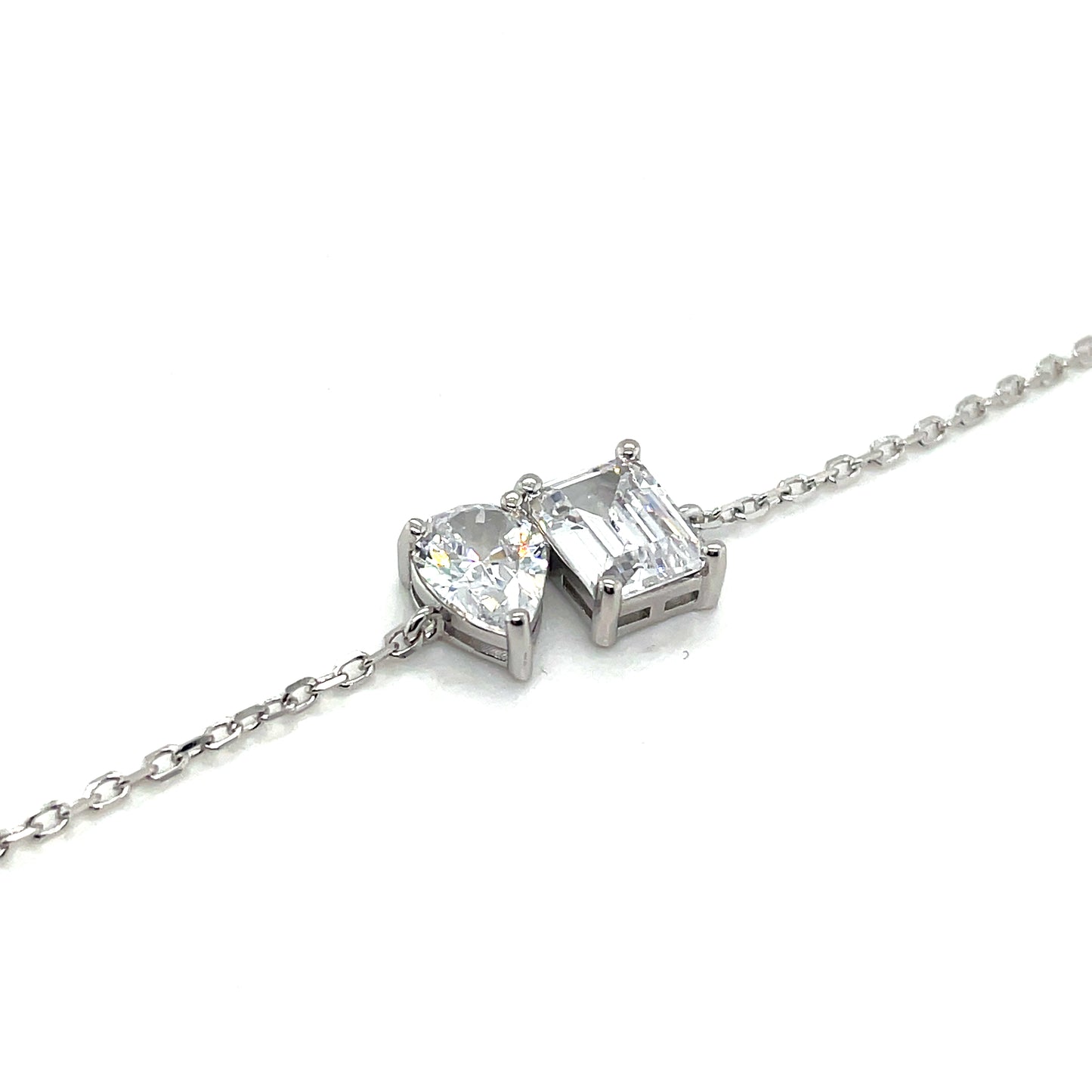 Sterling Silver Cubic Zirconia Moi Et Toi Pear & Rectangle Bracelet