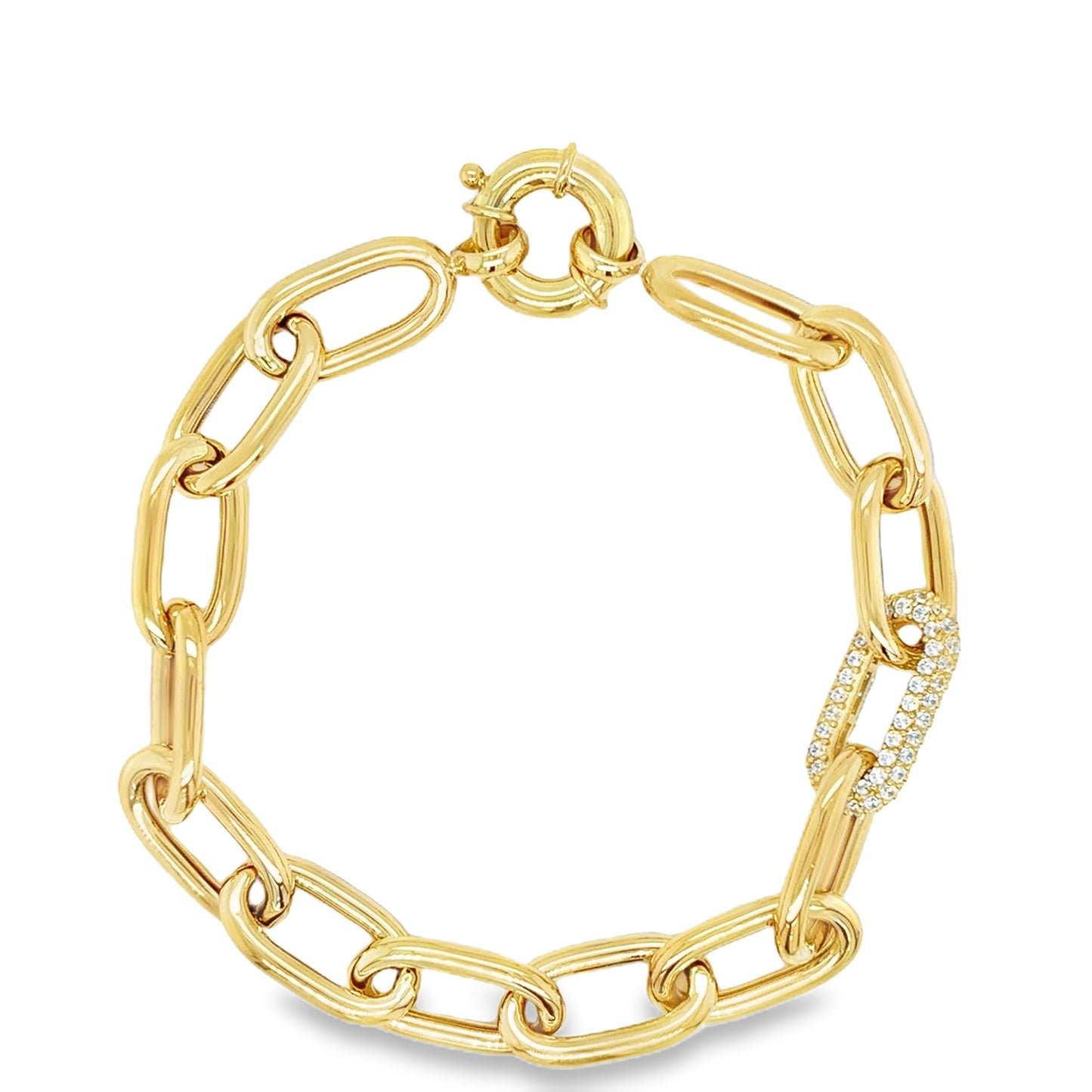 9ct Yellow Gold Open Oval Link Bracelet with Pave CZ Link and Bolt Ring