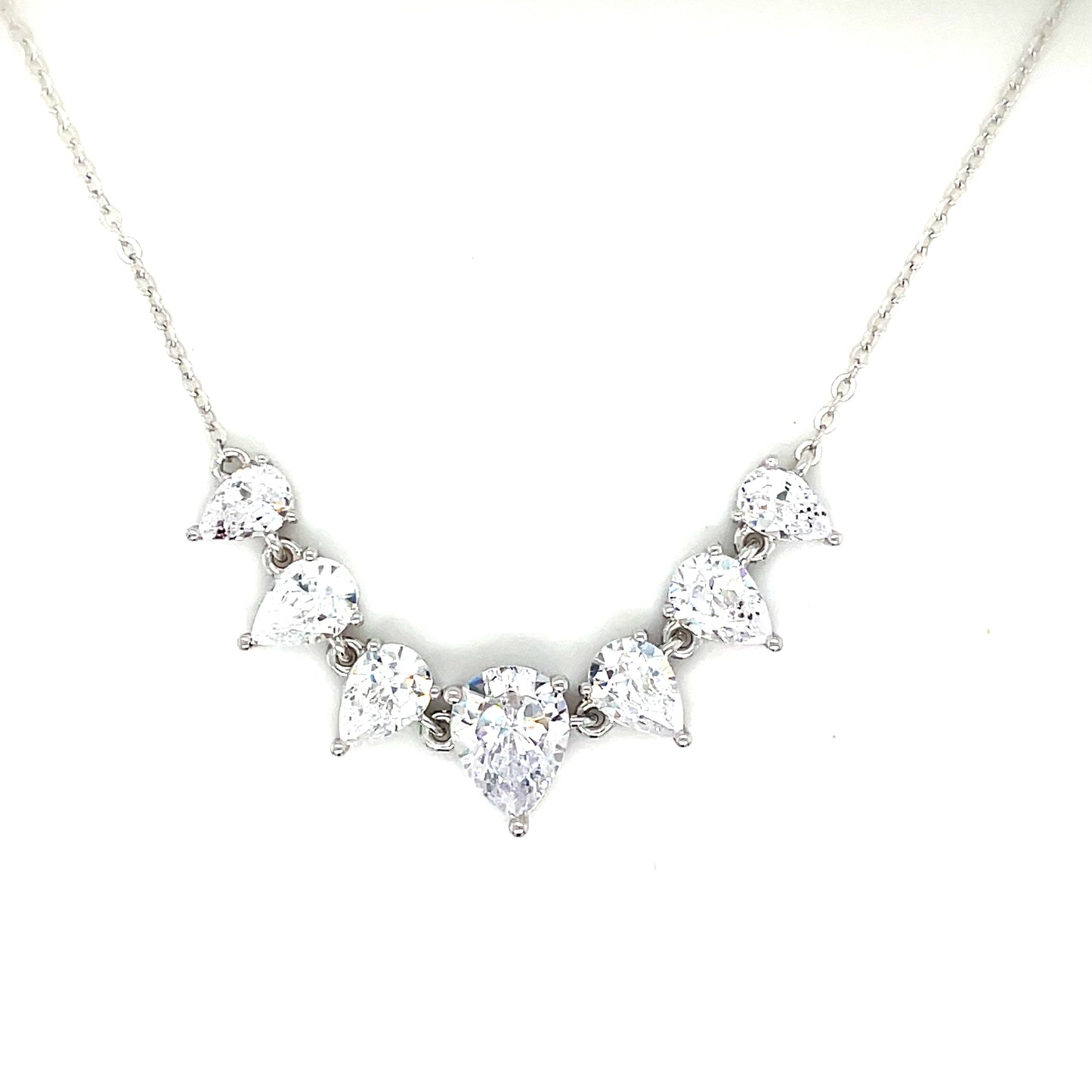 Sterling Silver Cubic Zirconia 7 Pear Graduated Necklet